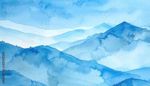 Blue watercolor mountains landscape in dreamy layers, with light & dark shades, evoking a calming, serene atmosphere