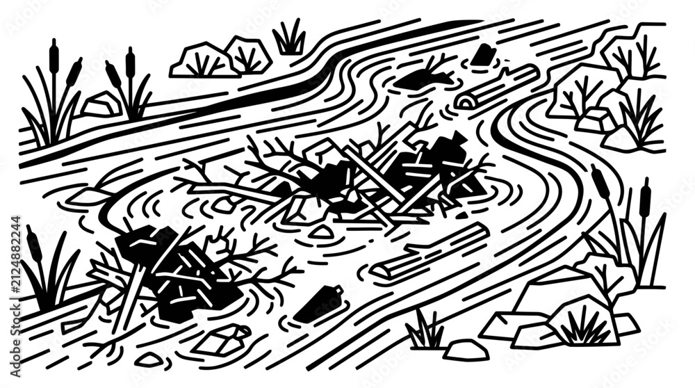 Fototapeta premium Beaver Dam Construction in Stream with Branches, Logs, and Cattails - Line Art