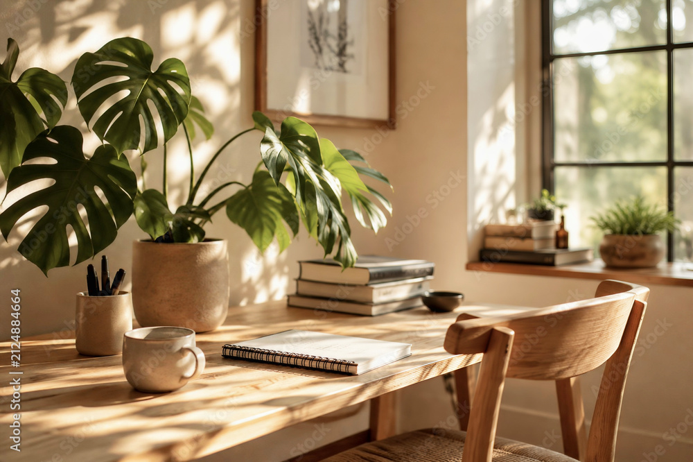 Fototapeta premium Cozy Home Office Workspace with Monstera Plant and Notebook in Warm Sunlight