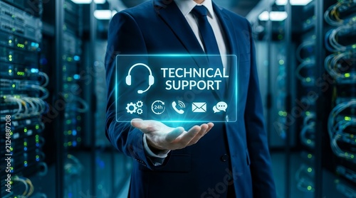Professional in a suit presenting a glowing digital technical support interface in a modern server room.