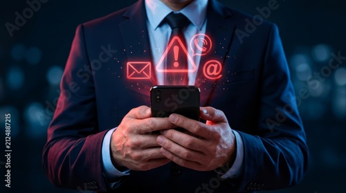 Businessman holding a smartphone with glowing red warning icons and digital alerts.