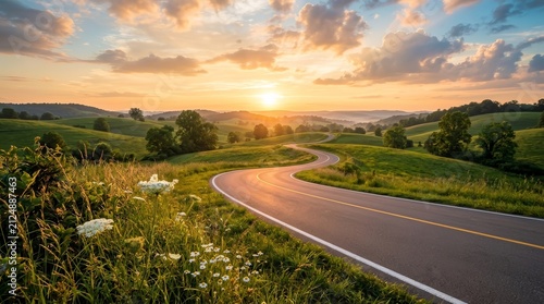 A winding road through lush green hills during a scenic sunset.