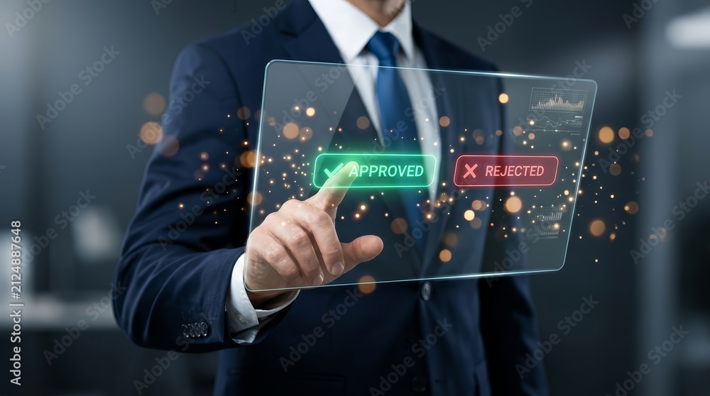 Obraz premium Businessman's finger touching a transparent screen showing APPROVED and REJECTED options.