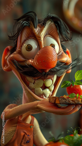 An unusual cartoon-style illustration of a chef. A French-style kitchen and chef.