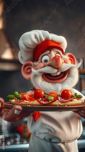 An unusual cartoon-style illustration of a chef. A French-style kitchen and chef.