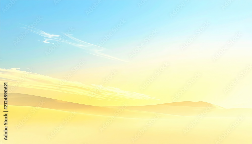 Fototapeta premium Golden hazy dunes softly blend into the bright sky, light glowing. Single wisp of cloud in the bright blue sky above
