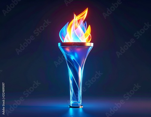 A stylized torch with luminous blue handle and vibrant flames. Dark background