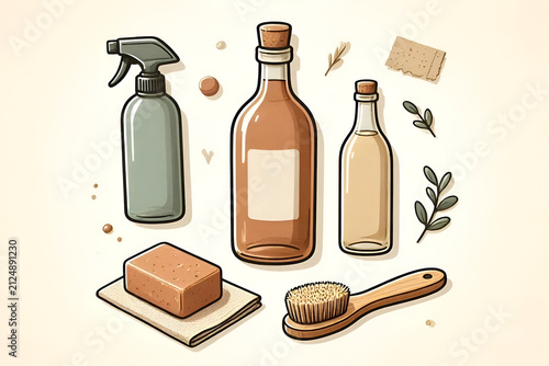 Household products like a spray bottle, glass bottles, and a bar of soap are displayed against a plain neutral background.