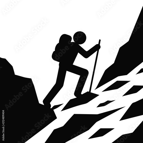 Hiker Climbing Rocky Mountain Trail Silhouette Vector Illustration