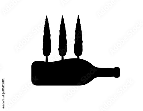 Wine Bottle Landscape with Cypress Trees Silhouette Vector Illustration