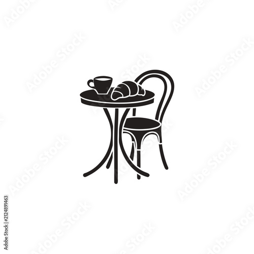 French Cafe Table with Coffee and Croissant Silhouette Vector Illustration