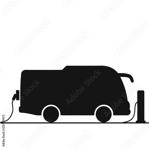 Electric Bus Plugged Into Charging Station Silhouette Vector Illustration