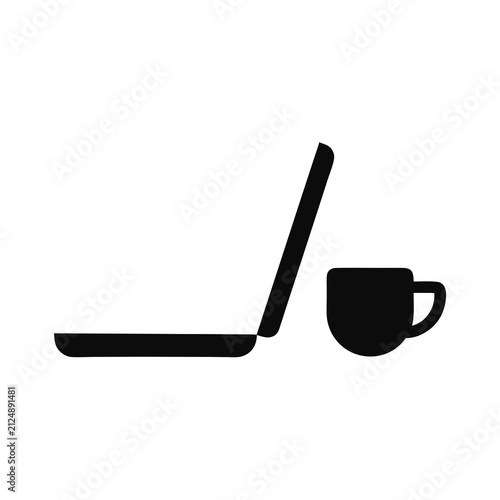 Open Laptop and Coffee Cup Workspace Silhouette Vector Illustration