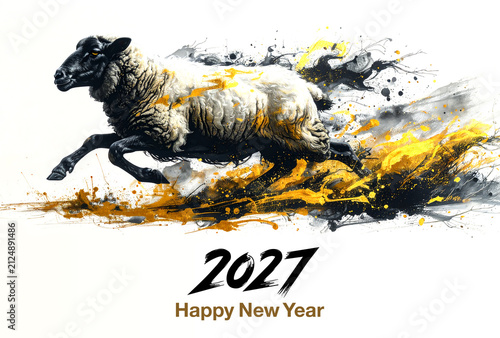 躍動感あふれるかっこいい2027、未年の羊と年賀状デザイン 生成AIイラスト