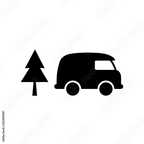 Camper Van Parked Beside Pine Tree Silhouette Vector Illustration