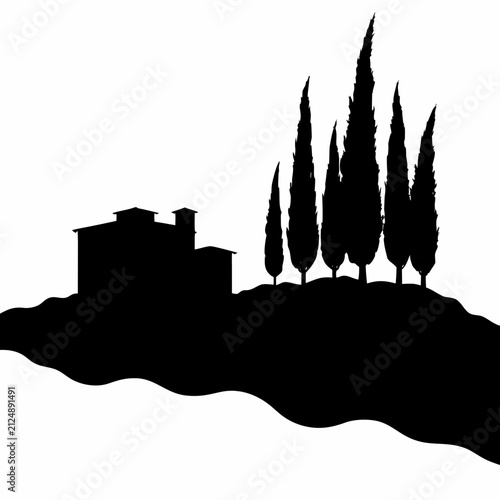 Tuscan Villa on Hillside with Cypress Trees Silhouette Vector Illustration