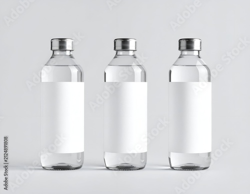 Three clear glass bottles filled with water, silver tops, and blank white labels