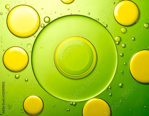 Macro shot of yellow and green oil droplets suspended in a vibrant, gradient background