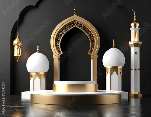 A 3D rendered Islamic design featuring a stage, arch, minaret, and decorative elements
