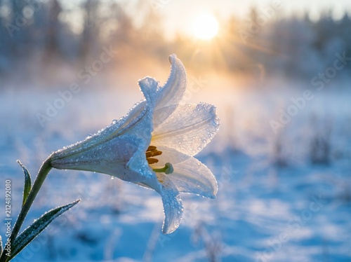white lily flower covered in frost at sunrise in a snowy winter landscape