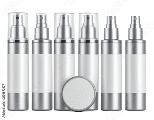 Six silver spray bottles with clear caps and blank labels, one with cap off, on white