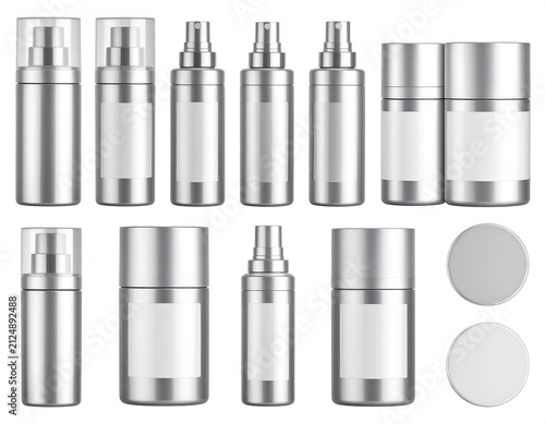 Assortment of silver cosmetic bottles and containers with clear caps and blank labels
