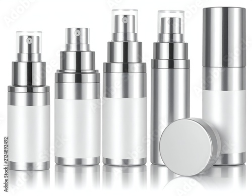 A collection of shiny silver cosmetic containers, sprays, and a jar, with blank labels
