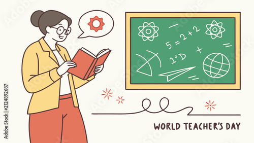 Female teacher reading book near chalkboard with drawings vector illustration for World Teacher's Day on light background