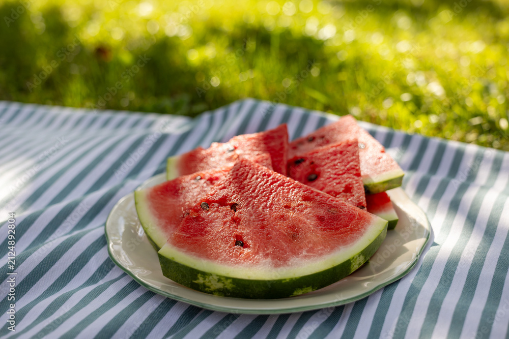 Obraz premium Sliced Juicy Watermelon on Plate on Blue and White Striped Picnic Tablecloth in Summer Garden