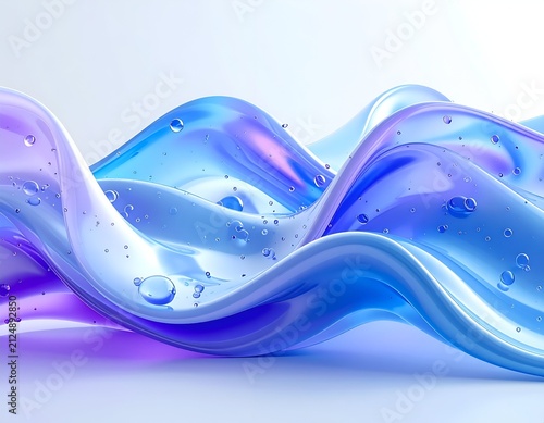 Abstract fluid waves of iridescent blue and purple with bubbles, against white backdrop