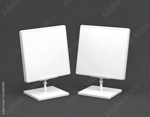Two blank, square-faced, white display stands on pedestals against a dark gray background