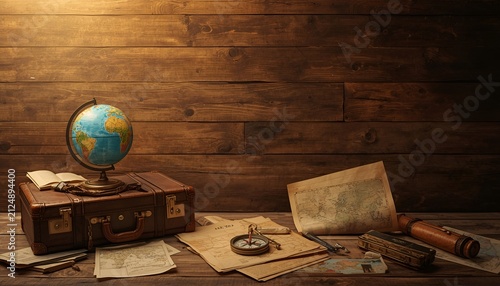 Vintage Travel Concept with Suitcase, Compass, Glass Globe, Maps, Tickets and Postcards on Rustic Wooden Background, Adventure and Tourism Flat Lay