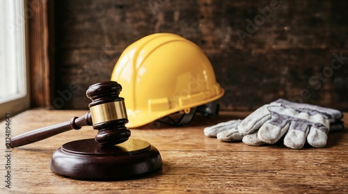 Construction law concept with judge gavel, yellow hard hat, and safety gloves on wooden background