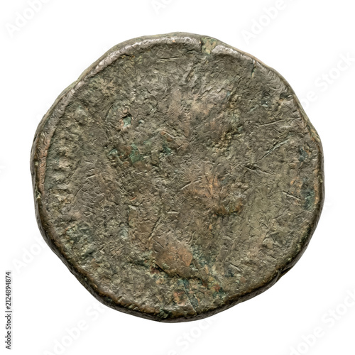 Fotografía Ancient weathered bronze coin macro on transparent background