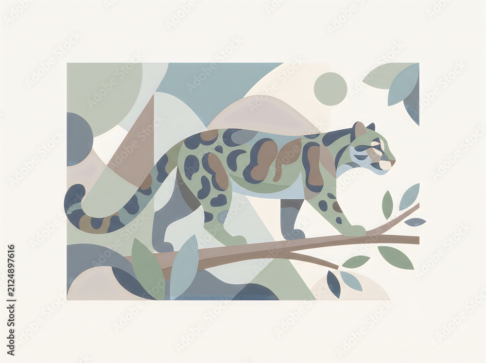 Fototapeta premium Minimalist vector art of clouded leopard with color blocks in muted greens, blues, browns, geometric background, Scandinavian design