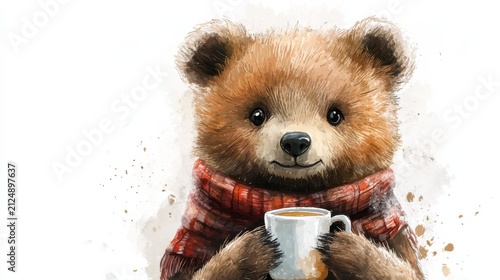 cute watercolor bear wearing a scarf, holding a hot drink, white background
