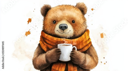 cute watercolor bear wearing a scarf, holding a hot drink, white background