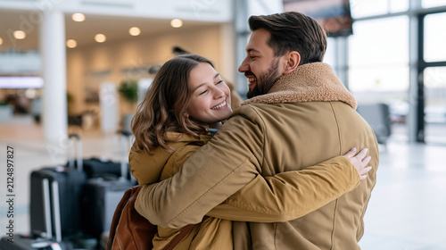 Attractive European parents smile as their daughter hugs them beside a cluster of suitcases, framed from the back in a large airy airport with light neutral colors and clean lines; European