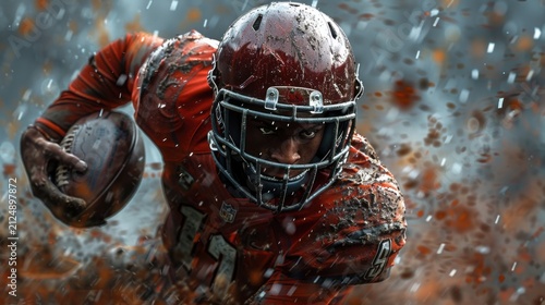 dynamic close-up of football player mid-tackle, motion blur, dirt in air