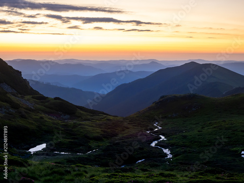 Bild auf Leinwand Blue Hour Mountain Valley before Sunrise at Lala Mica Lake
