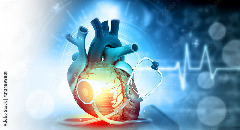Fototapeta premium 3D medical rendering of a human heart alongside a stethoscope against a scientific background.