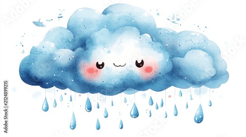 watercolor cartoon cloud with cute face and raindrops, white background