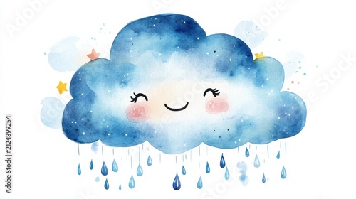 watercolor cartoon cloud with cute face and raindrops, white background