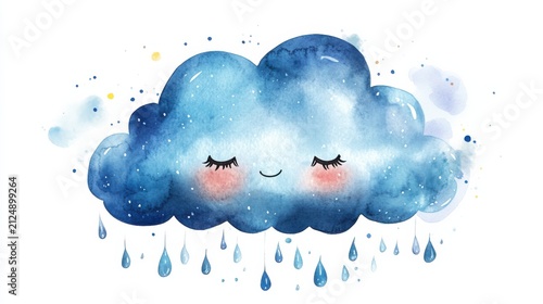 watercolor cartoon cloud with cute face and raindrops, white background