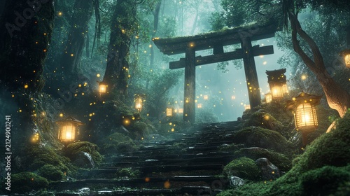 Mystical forest with torii gate and floating lantern lights glowing through fog creating magical fantasy atmosphere cinematic lighting and peaceful enchanted nature landscape with rich green tones