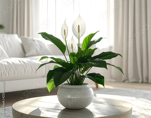 Elegant Peace Lily in a white pot on a coffee table, a bright, inviting interior scene