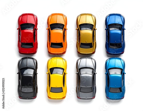 Overhead view of eight colorful toy cars arranged in two rows on a white background