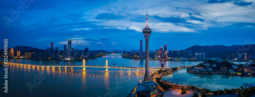 Aerial View of Macau Tower and Sai Van Bridge at Dusk, Macau