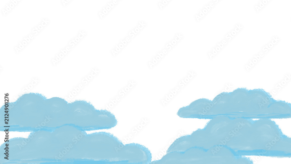 Fototapeta premium Cute hand drawn blue fluffy clouds arranged as a bottom border or frame. Soft chalk or crayon brush texture sky graphic elements for kids design, baby shower overlay isolated on transparent background