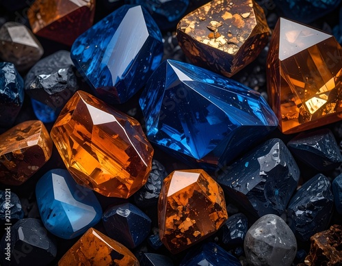 Close-up of vibrant, faceted gems in blue, orange, and brown hues nestled together